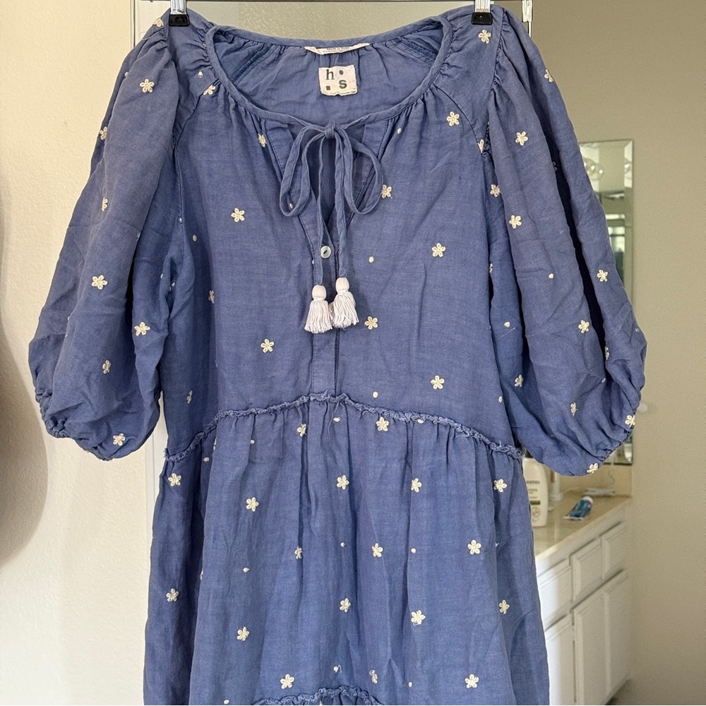 Harper Sage Secret Garden Dress puff Sleeves daisy & polka dot blue Midi dress - Picture 4 of 9